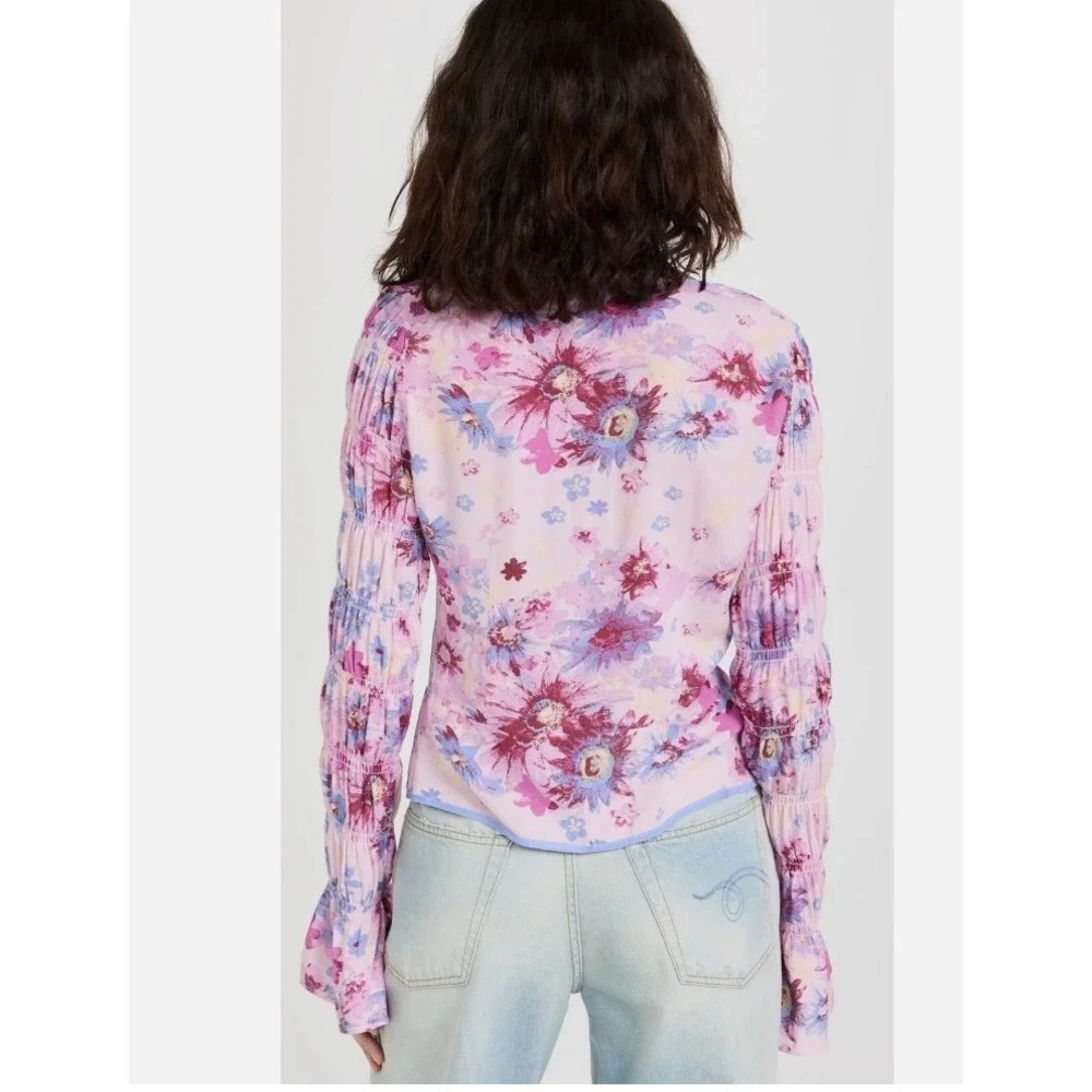 Free People Women's Venice Floral Tie Front Top Rose Combo Large Bell Sleeves